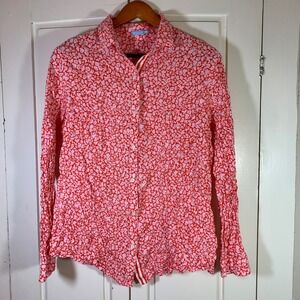 J. McLaughlin Women Lois Blouse Red‎ Pink Floral Preppy Crinkle Button Up Large